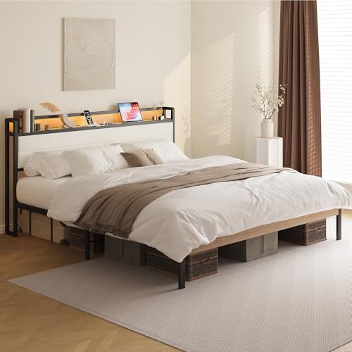Image of LIKIMIO King Size Bed Frame with Headboard, LED Lights and Charging Station