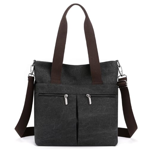 Maymooner Bolsa de lona para mujer, bolsa cruzada de lona con cremallera, bolsa casual con asa superior para el trabajo, viajes, uso diario, Large-black, Large