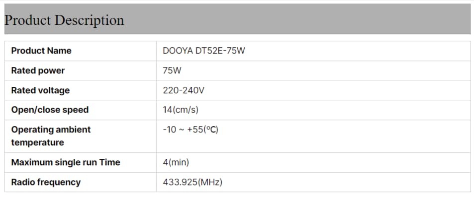 Product specifications table for DOOYA DT52E-75W motor