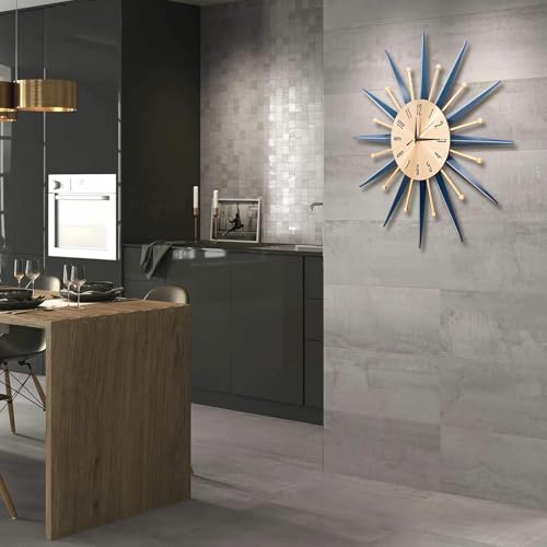 TopCity Large Modern Wall Clock Sunburst for Living Room 20 Inch/50CM Mid Century Silent Non-Ticking Big Clocks Metal Decorative Wall Clock for Kitchen,Bedroom,Bathroom,Office,Home Decor (Navy Blue)