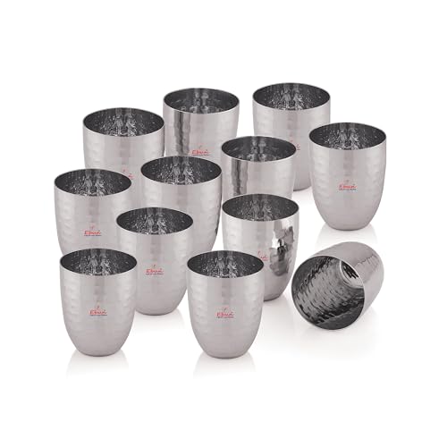 Image of Ebun Stainless Steel Hand Hammered Design Heavy Gauge Drinking Glass Set 12 Pieces 300 Ml