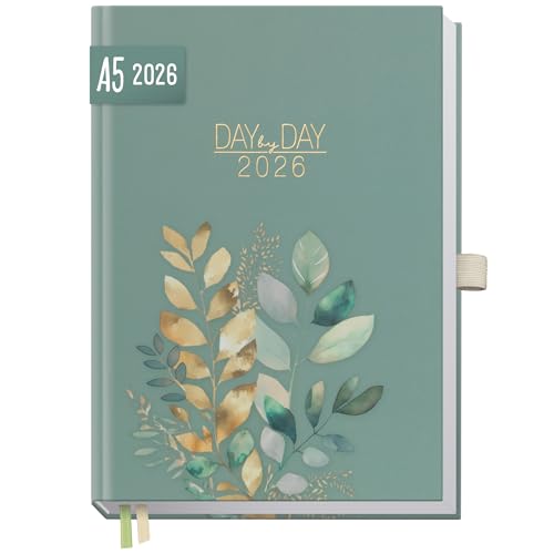 Häfft Organizer Day by Day Buchkalender 2026 A5 1 Tag 1 Seite Shiny Leaves- Tagesplaner Kalender Tageskalender Terminkalender Terminplaner 2026 - nachhaltig & klimafreundlich