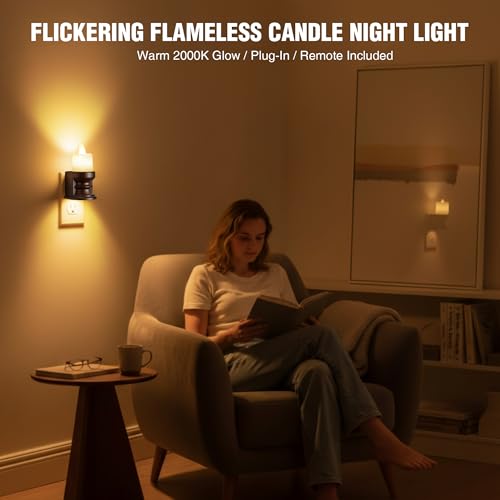 Image of Meonum Flickering Flameless Candle Night Light Plug in, Dimmable LED Nightlight with Dusk to Dawn Sensor, Decorative Candle Light for Bedroom, Hallway, Bathroom (1 Pcs,Warm Yellow & Brown Base)