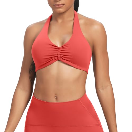 Image of Aoxjox Women's Workout Sports Bras Fitness Taylor Scrunch Halter Bra Yoga Crop Tank (Spiced Coral, Small)