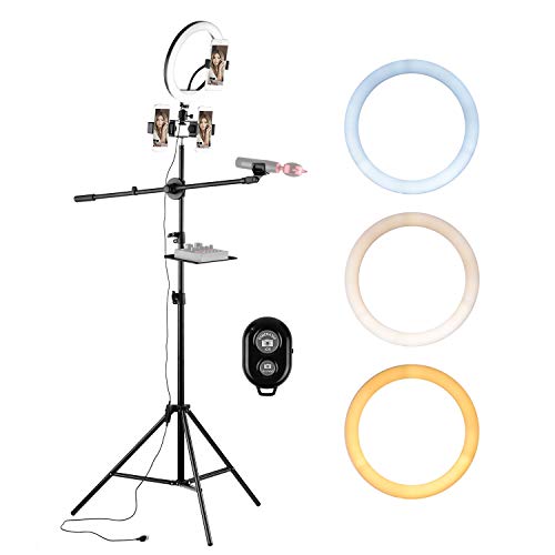 Andoer Kit de luz de anel de vídeo de 25 cm, 3 cores, 10 níveis, regulável, 3200-5600 K, com cabeça