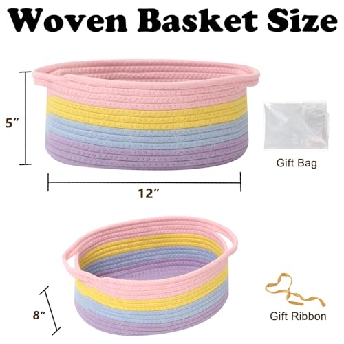 Image of Woven Rope Basket,Baby Gift Basket with Bag & Ribbon, Rainbow