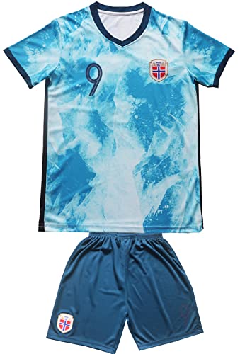 Youth Sportswear Norway 9 Haaland Kids Away Soccer Jersey/Shorts Football Socks Set (Blue,16)