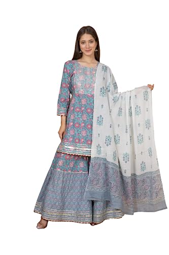 MEERA FAB Women Cotton Festive Embrodriery Printed Kurta With Sharara & Dupatta