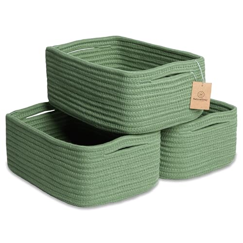 NaturalCozy 11.8'x8'x4.5” Rectangle Storage Baskets for Shelves 3 Pack | Cotton Rope Woven Small Baskets for Organizing | Small Storage Bins for...