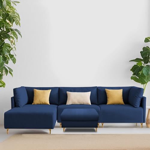Image of Carina LHS 4 Seater L Shape Sofa Set with Center Table for Living Room (Blue Fabric) Premium Fabric Sofa