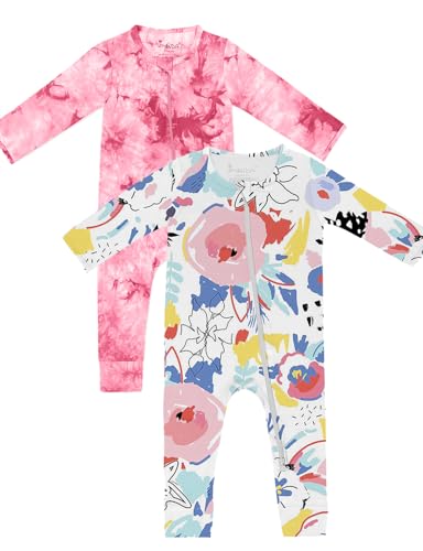 Image of Jimonda Baby Girls Boys Footless Pajamas,Rayon From Bamboo Pjs 2 Way Zipper Long Sleeve Soft Sleeper,Infant Tie-dye Romper