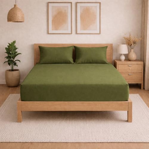 Image of THE HOME STYLE Solid Plain Cotton Feel Fitted Bedsheet King Size (72x78 inches) | 2 Pillow Covers | 300 TC | Elastic Fit | Fits Upto 8 Inch Mattress (Olive Green)