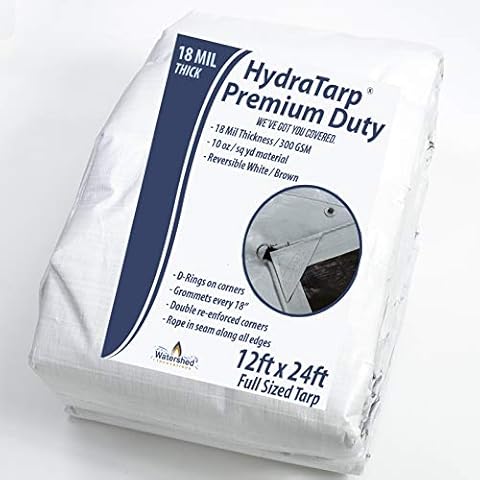 Watershed Innovations HydraTarp Premium Heavy-Duty 18 Mil Thick Waterproof White/Brown Reversible Tarp with D-Rings, 12 by 24 Feet Cover