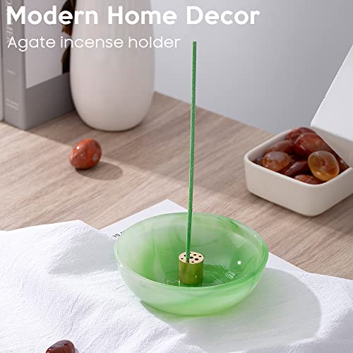 Fasolahome Incense Holder, Multi-Purpose Design Agate Incense Burner Ash Catcher With Brass 9 Holes Incense Stick Holder For Home Decor Yoga Spa Madiation (Agate Green) #TOP3