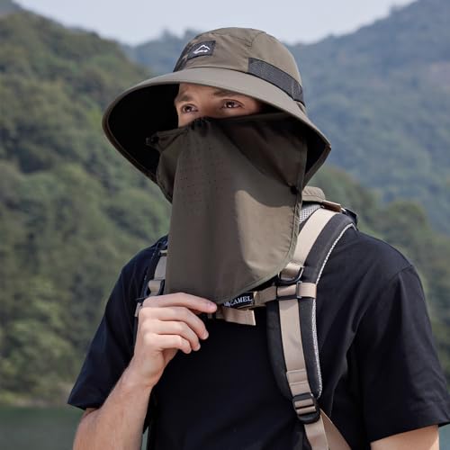 Image of Rosoz Outdoor Sun Hat for Men Women, UPF50+ Protection Safari Cap Wide Brim Mesh Fishing Hat with Neck Flap Beach Garden
