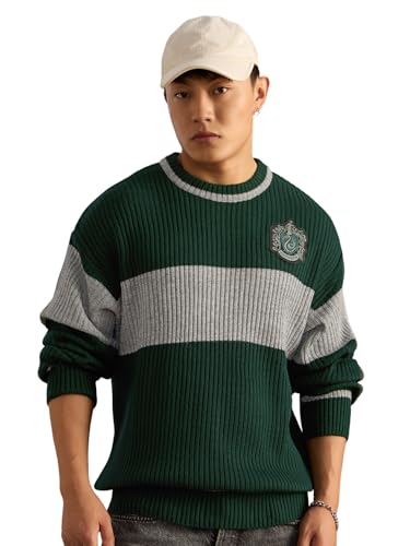 Image of The Souled Store Harry Potter: Lion's House Men and Boys Full Sleeves Crew Neck Striped Acrylic Ribbed Knit Pop-Culture Oversized Pullovers