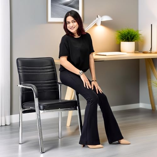 Image of Executive Director Principal Manager Office Visitor Study with arm Rest with Steel Frame and Cushion seat Back, Chair Without Wheels Holds up to 185 kg (1, Black, Heavy)