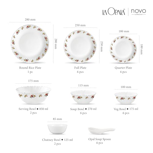 Image of La Opala Novo Collection Opal Glass Crockery | for Family of 6 | Dinner Set 35 pcs Petite Roses | Plates & Bowls for Dining | Microwave Safe | 100% Vegetarian | Extra Strong | Light & White