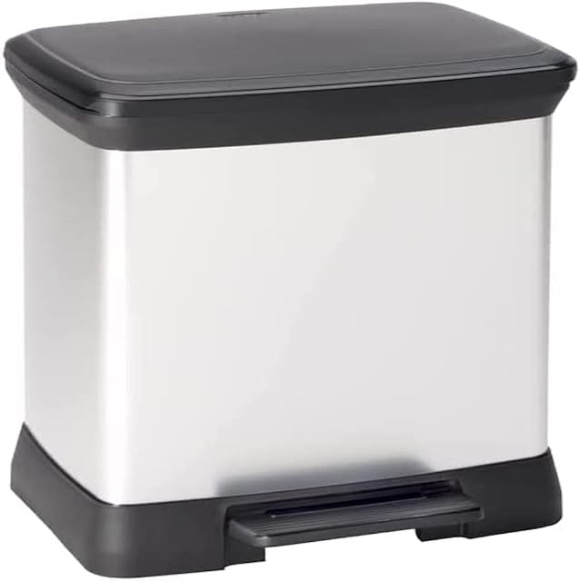 Curver Metal Effect Kitchen Duo Recycle Pedal Touch Deco Bin, Silver, 30 Litre