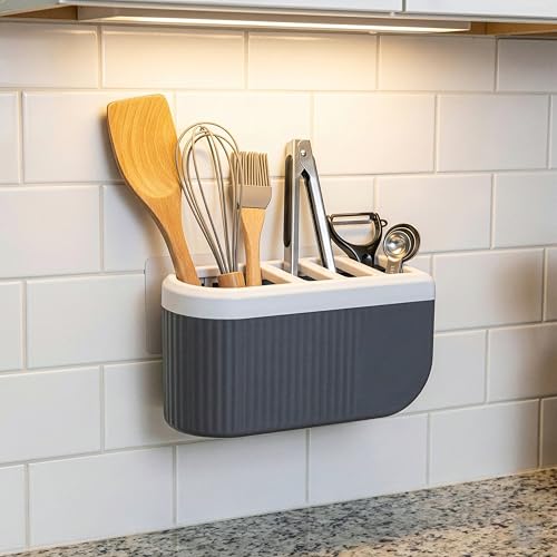 Image of ABS Plastic Multi Section Wall Mounted Self Draining Kitchen Organizer - Spoon,Knife,Fork,Chopstick, Cutlery Holder, Spoon Holder for Kitchen,Dining Table (4 Sections)