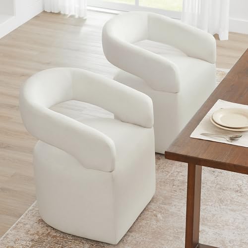 KISLOT Upholstered Dining Chairs with Removable Casters Barrel Side Armchair with Rollers for Diningroom Bedroom Livingroom Reading Room, Ivory, Set of 4