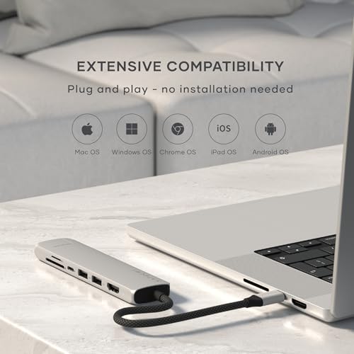 Image of Satechi 7 in 1 USB C Hub Multiport Adapter with Ethernet, HDMI 4K@60Hz, 100W PD Charging, 2X USB-A Data Ports, Micro /SD Card Readers for MacBook Air /Pro /Neo, iPad Air /Pro, Windows - Silver