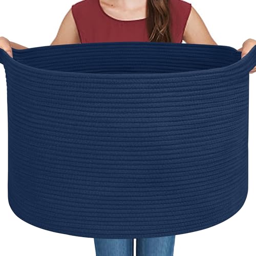 Image of MEGASKET Dark Blue Basket for Organizing, 22 inch x 14 inch Extra Large Woven Cotton Rope Laundry Basket, Blanket Storage for Living Room Bedroom, Big Nursery Kids Toy Box Organizer, Pool Towel Storage Bin