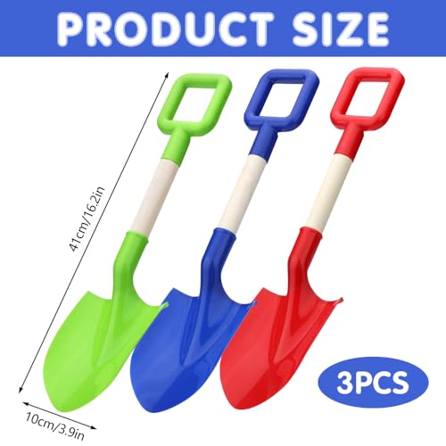 Sand Shovels for Children with Wooden Handle - Set of 3 40 cm for Beach Snow and Garden, Rot, Blau - Image 2