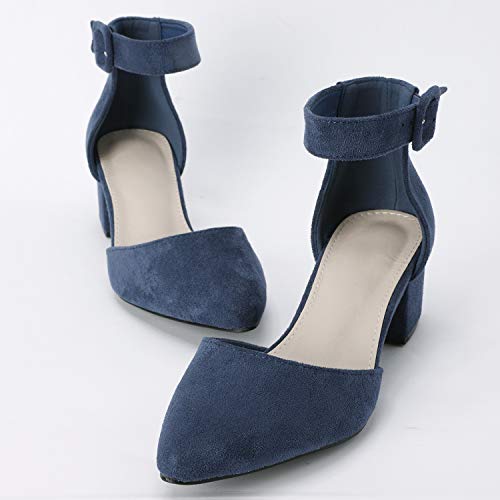Chellysun Womens Pointed Toe Ankle Strap Buckle Low Chunky Heel Pumps Shoes Sandals - Image 3