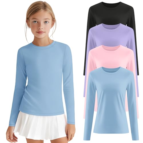 LessonZoo 4 Pack Girls Long Sleeve Athletic Shirts Kids Yoga Tops Basic Crew Neck Activewear Sports Teen Youth Tees(Sky Blue, Pink, Taro Purple, Black,11-12 Years)