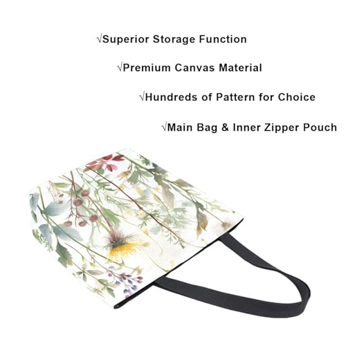 Extra Large Shoulder Tote Bag for Beach Travel Weekender Gym Watercolor Wildflowers Green Leaves Botanical Reusable Grocery Canvas Shopping Bag4
