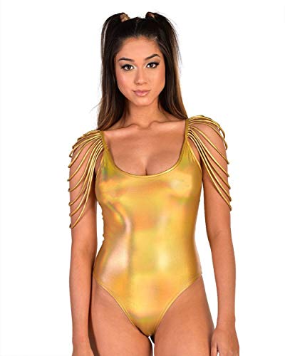iHeartRaves Golden Warrior Shoulder Fringe Holographic Bodysuit (Gold, Small)