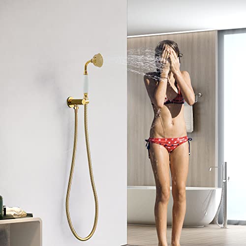 Traditional Telephone Style Brass Handheld Showerhead With 59Inch Hose Gold Finish - Antique Shower Head Replacement No Wand Holder, Vintage Hand Shower Spray With Ceramic Handle #TOP4