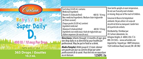 Carlson - Baby's Super Daily D3, Baby Vitamin D Drops, 400 Iu (10 Mcg) Per Drop, 1-Year Supply, Vegetarian, Liquid Vitamin D Drops For Infants And Toddlers, Unflavored, 365 Drops #TOP1