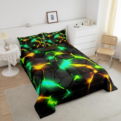 Image of Feelyou Kids Green Yellow Honeycomb Comforter Set Queen Size, Hexagonal Bedding Set Beehive Duvet Insert Boys Girls Teens Bedroom Decor with 2 Pillow Case