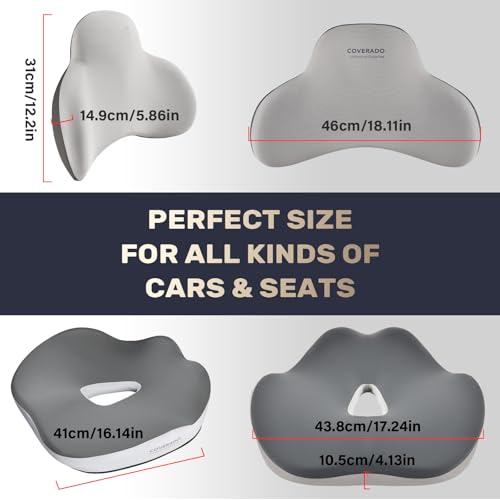 Image of Coverado Car Seat Cushion and Lumbar Support Pillow, Memory Foam Ergonomic Back Support Driving Seat Cushion for Sciatica, Tailbone, Back Pain, Non-Slip Washable Cushion for Car, Driver, Office