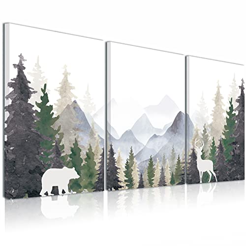 Image of BINCUE Natural Landscape Canvas Wall Art 3 Piece Foggy Forest and Mountain Canvas Wall Art Framed Painting 12"x16" Bedroom Living Room Office Decor