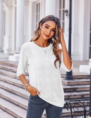Zeagoo Womens Loose Short Sleeve Tunic Tops Lightweight Crew Neck Crochet Knit Pullover Sweater Blouses2