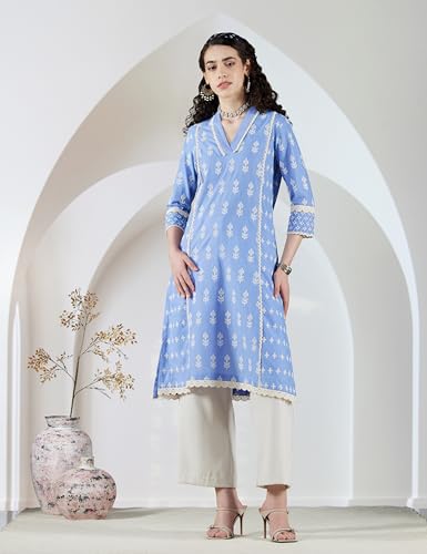 Image of BIBA Women Cotton Regular Fit Straight Embroidered Kurta