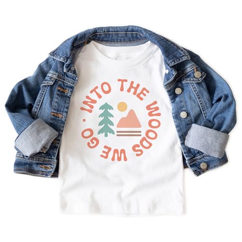Boho Kids Camping Shirt - Into The Woods We Go - Cute Abstract Minimalist Trendy Outdoor Mountain Adventure Outfit - Natural Toddler & Youth Tees3