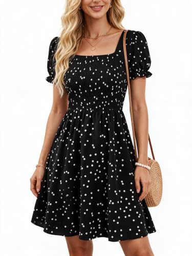 Berydress Women's Smocked Polka Dot Dress Square Neck Aline Short Sleeve Summer Beach Outfits Casual Flowy Dresses with Pockets(L,6203-Black Dot)