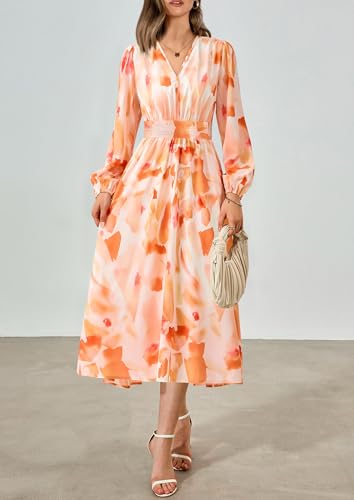 PRETTYGARDEN Women's Floral Midi Dress Casual Fall V Neck Long Sleeve Flowy Spring Beach Wedding Guest Vacation Dresses