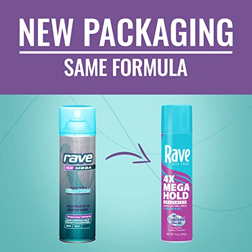 Image of rave 4X Mega Unscented Aerosol Hairspray - Hair Spray for High Humidity Weather - 24-Hour Lasting Hold - Vitamin-Enhanced Hair Volume Spray - 11 oz (Pack of 2)