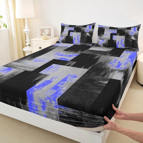 Black Gray Blue Fitted Sheet,Simple Geometric Grid Graffiti Bedding Set for Men Women Adults,Simple Patchwork Plaid Bed Sheet with 2 Pillowcases(No Top Sheet),Queen Size 3 Pcs