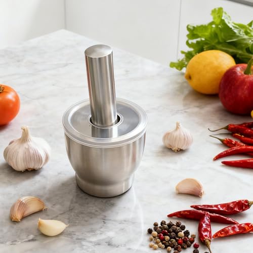 Miniatura 5 de Mortero Y Mano De Ajo De Acero Inoxidable 10 Cm, Triturador Manual Tradicional, Molidor De Especias Y Hierbas, Herramienta De Cocina Duradera Con Cuchara