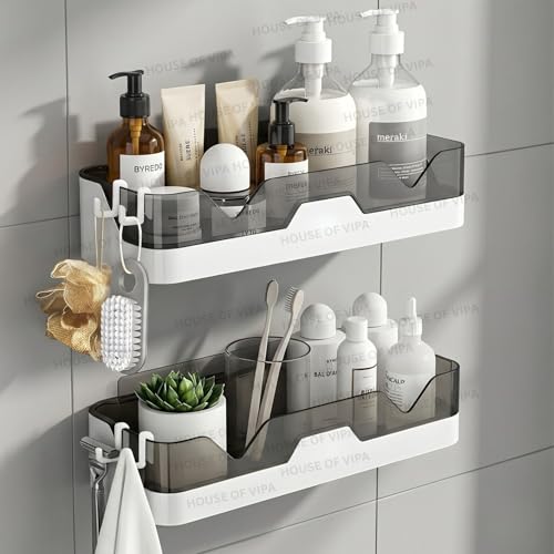 Image of HOUSE OF VIPA Self-Adhesive Bathroom Shelf for Wall, Bathroom Organizer with Towel Holder and 4 Hooks, Space-Saving Bathroom Accessories, 2 Storage Shelves & 2 Soap Dishes (B /W), 4 Pack