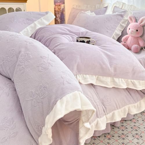 Mesnt Juego de ropa de cama individual de 3 piezas, textura de rosa con ribete de volantes, funda de edredón, sábana y funda de almohada, poliéster, morado claro, estilo 13, 1,2 m-150 x 200 cm