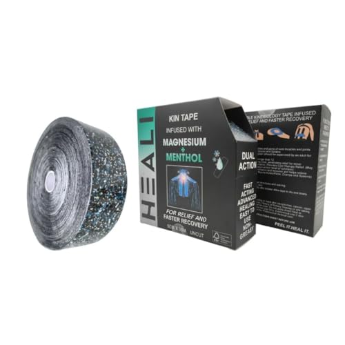 Image of Heali Kinesiology Tape with Magnesium and Menthol, Bulk Roll, 115ft x 2in, Uncut K Tape, Knees, Back, Physical Therapy Sports Tape for Muscles and Joints Water Resistant, Blue Splatter