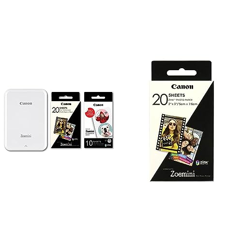 Canon Zoemini Instant Mini Photo Printer (White) + pack of 20 sheets + pack of 10 circle stickers & Zoemini ZINK Photo Paper (Pack of 20 Sheets)
