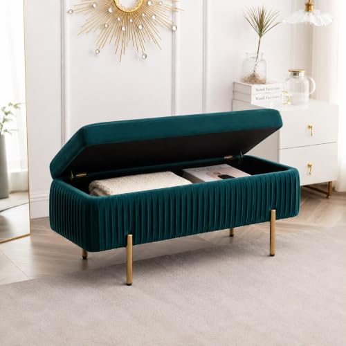 Image of LEGACY OF COMFORT Miajah Velvet Upholstered Flip Top Storage Bench 2 Seater Sofa Upholstered Ottoman Bench with Storage for Living Room, Bedroom (Dark Teal)